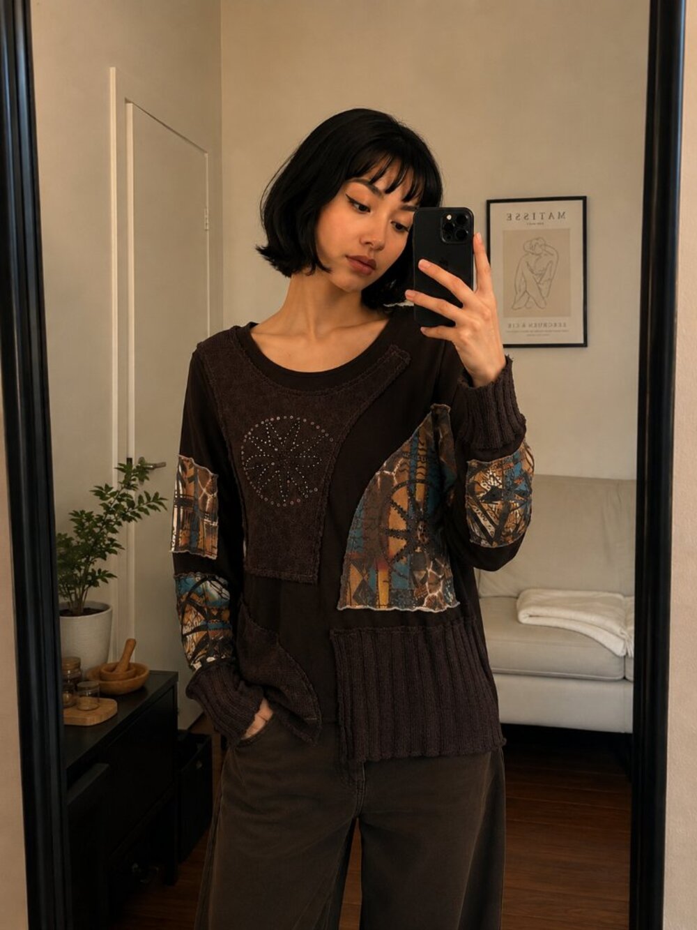 Etoile Du Monde Brown Semi-Sheer Patchwork Sweater Boho Celestial Art Rare